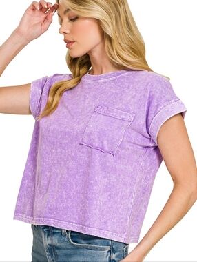 Zenana Halo Snow Washed Cotton Washed Lavender Pocket Tee - Women's Casual Top